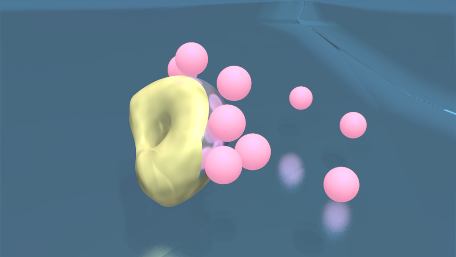 Rendering of the vertically oriented microswimmer with microplastic particles.